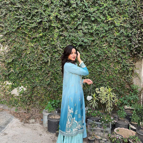 Blue Color Sequence Embroidery Work Designer Party Wear Palazzo Suit