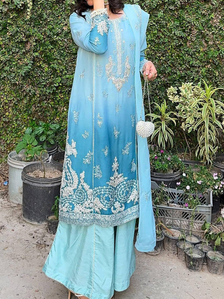 Blue Color Sequence Embroidery Work Designer Party Wear Palazzo Suit