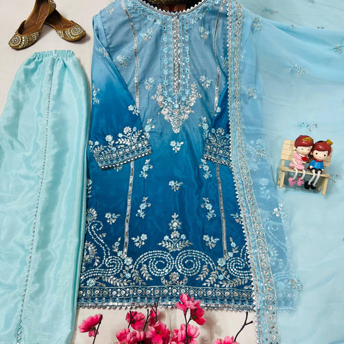 Blue Color Sequence Embroidery Work Designer Party Wear Palazzo Suit