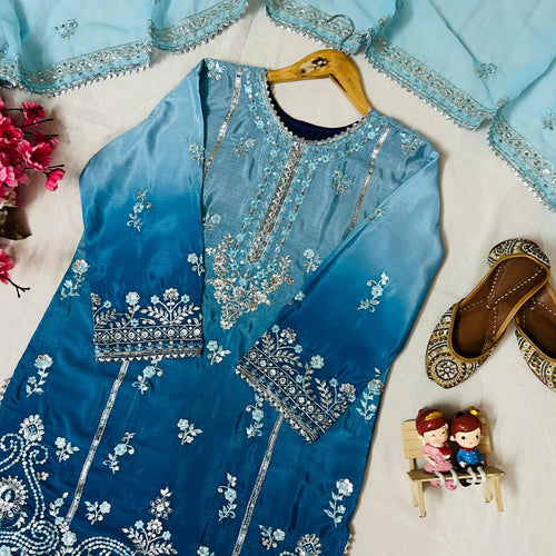 Blue Color Sequence Embroidery Work Designer Party Wear Palazzo Suit