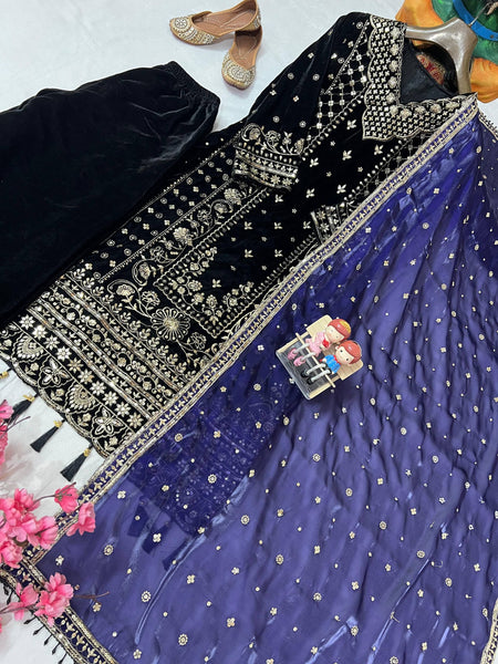 Navy Blue Color Coding Embroidery Work Designer Party Wear Palazzo Suit