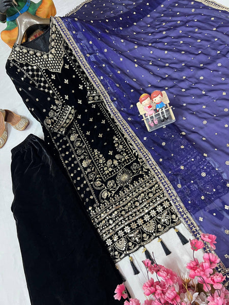 Navy Blue Color Coding Embroidery Work Designer Party Wear Palazzo Suit