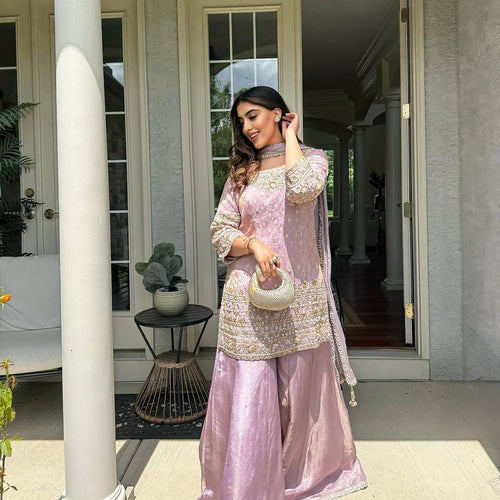 Lavender Color Coding Embroidery Work Designer Party Wear Palazzo Suit