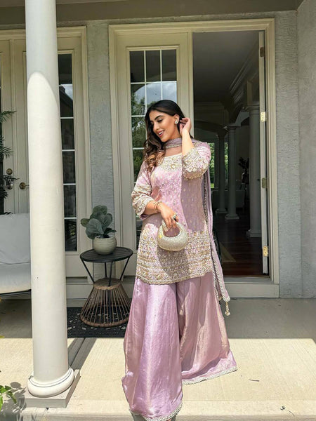 Lavender Color Coding Embroidery Work Designer Party Wear Palazzo Suit