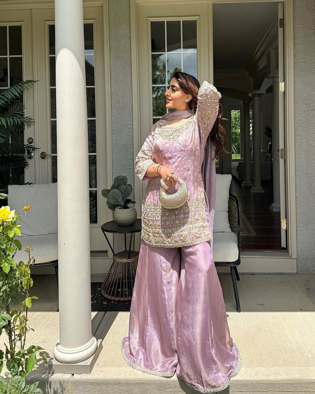 Lavender Color Coding Embroidery Work Designer Party Wear Palazzo Suit