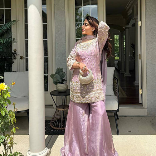 Lavender Color Coding Embroidery Work Designer Party Wear Palazzo Suit