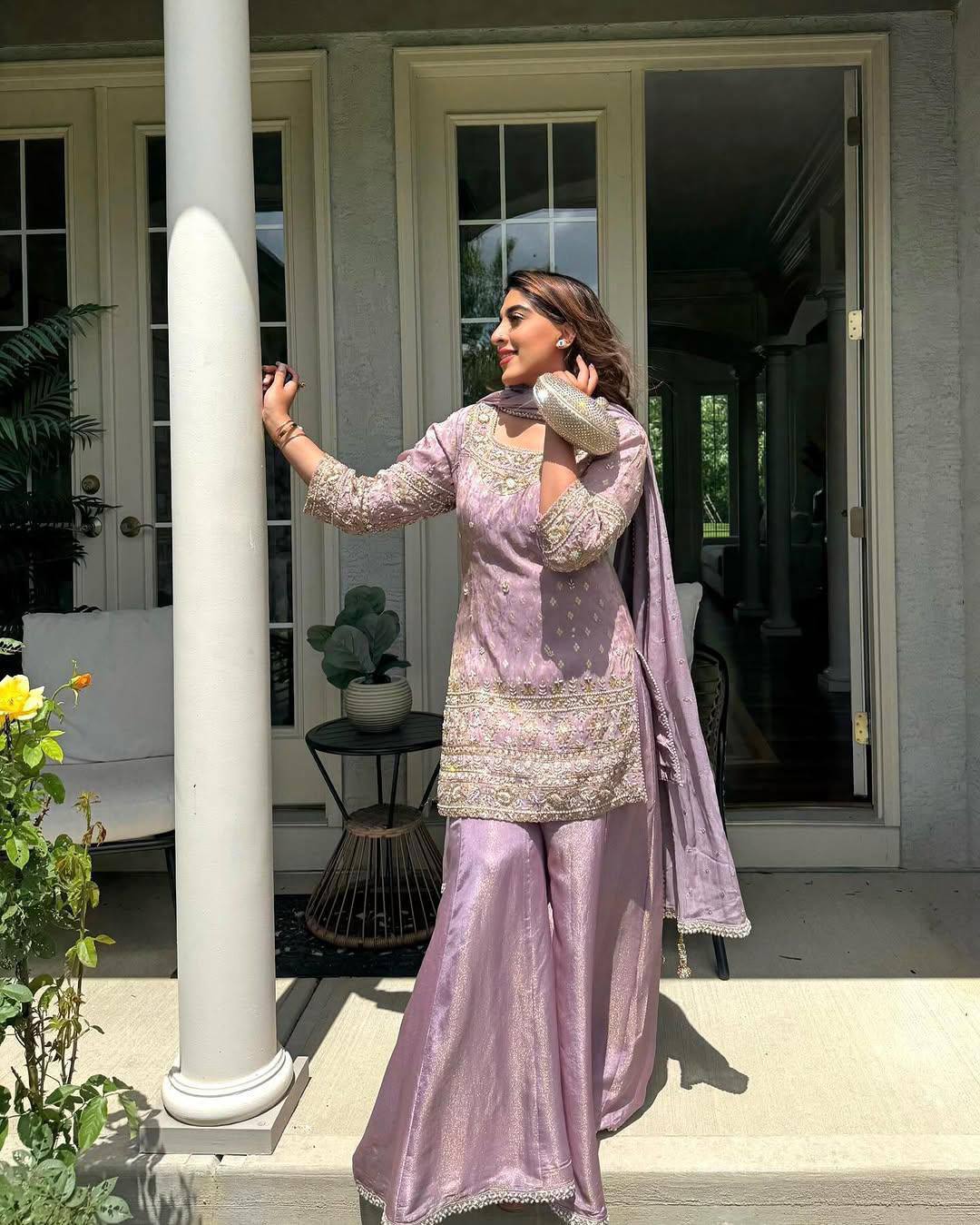 Lavender Color Coding Embroidery Work Designer Party Wear Palazzo Suit