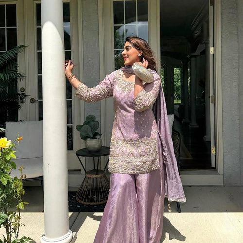 Lavender Color Coding Embroidery Work Designer Party Wear Palazzo Suit