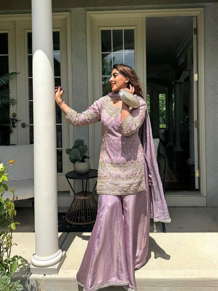 Lavender Color Coding Embroidery Work Designer Party Wear Palazzo Suit
