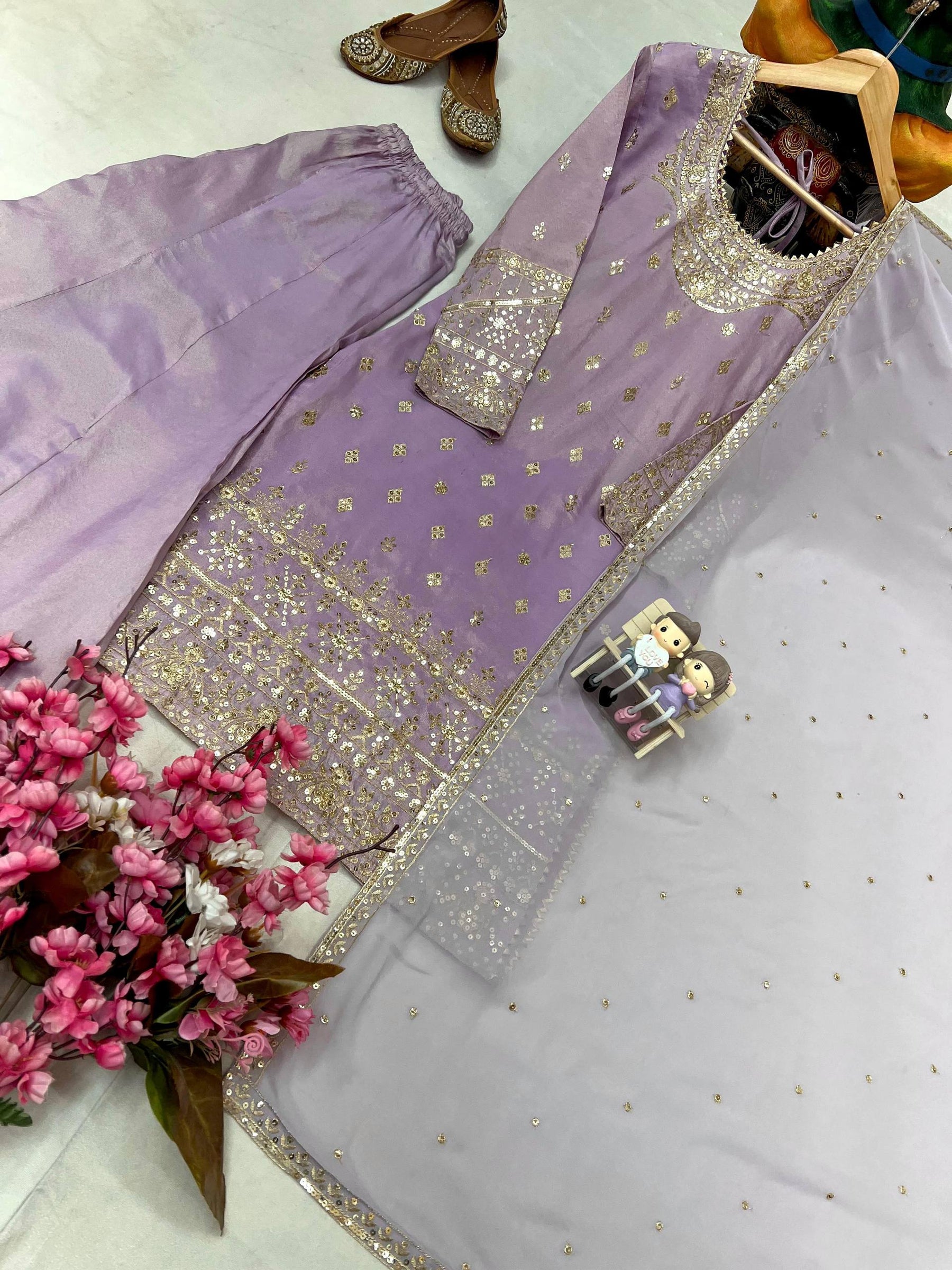 Lavender Color Coding Embroidery Work Designer Party Wear Palazzo Suit