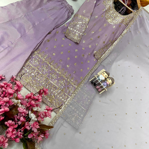 Lavender Color Coding Embroidery Work Designer Party Wear Palazzo Suit