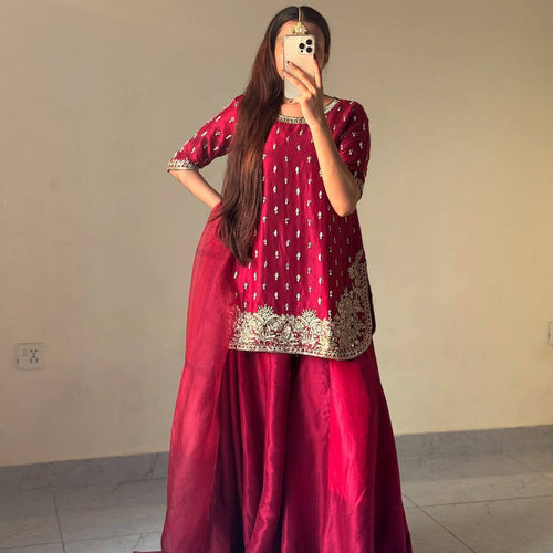 Red Color Embroidery Work Designer Party Wear Palazzo Suit