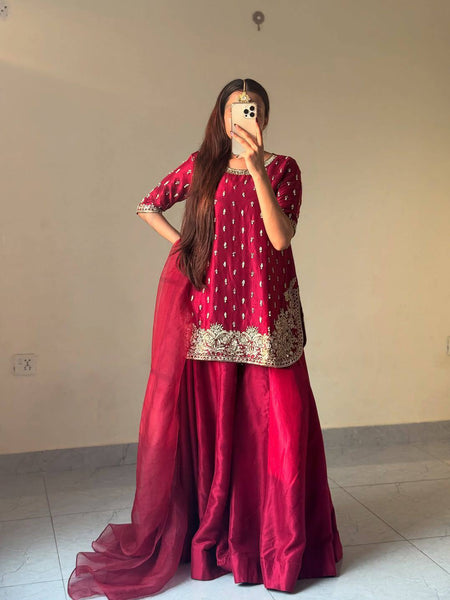 Red Color Embroidery Work Designer Party Wear Palazzo Suit