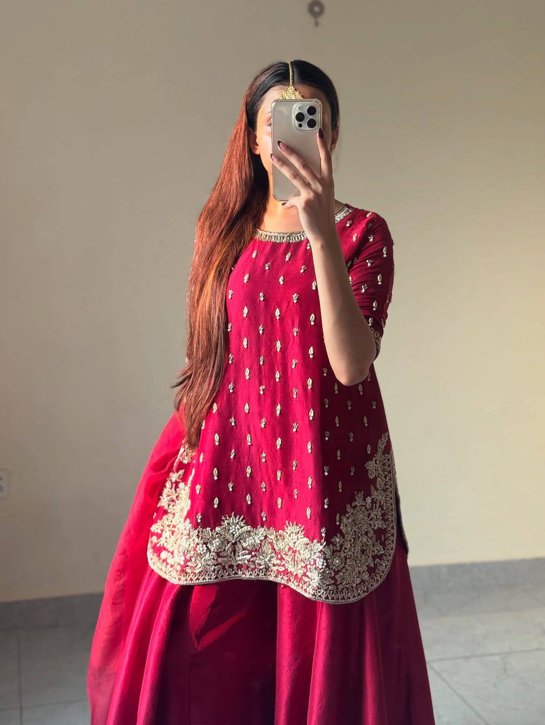 Red Color Embroidery Work Designer Party Wear Palazzo Suit