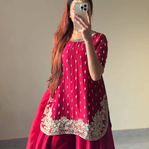 Red Color Embroidery Work Designer Party Wear Palazzo Suit