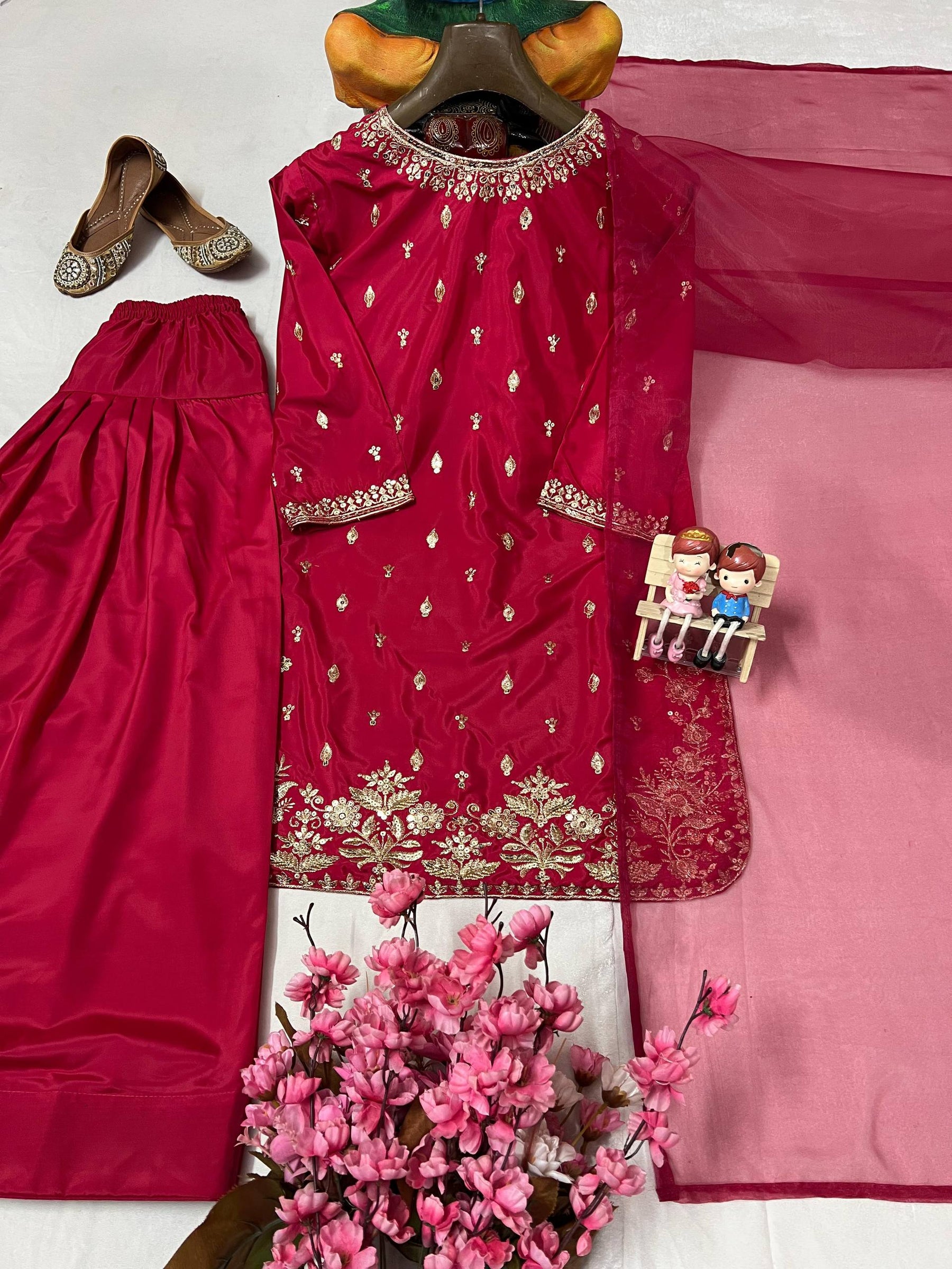 Red Color Embroidery Work Designer Party Wear Palazzo Suit