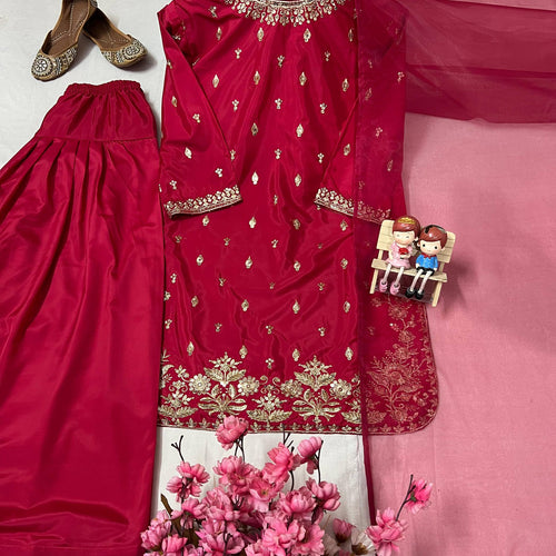 Red Color Embroidery Work Designer Party Wear Palazzo Suit