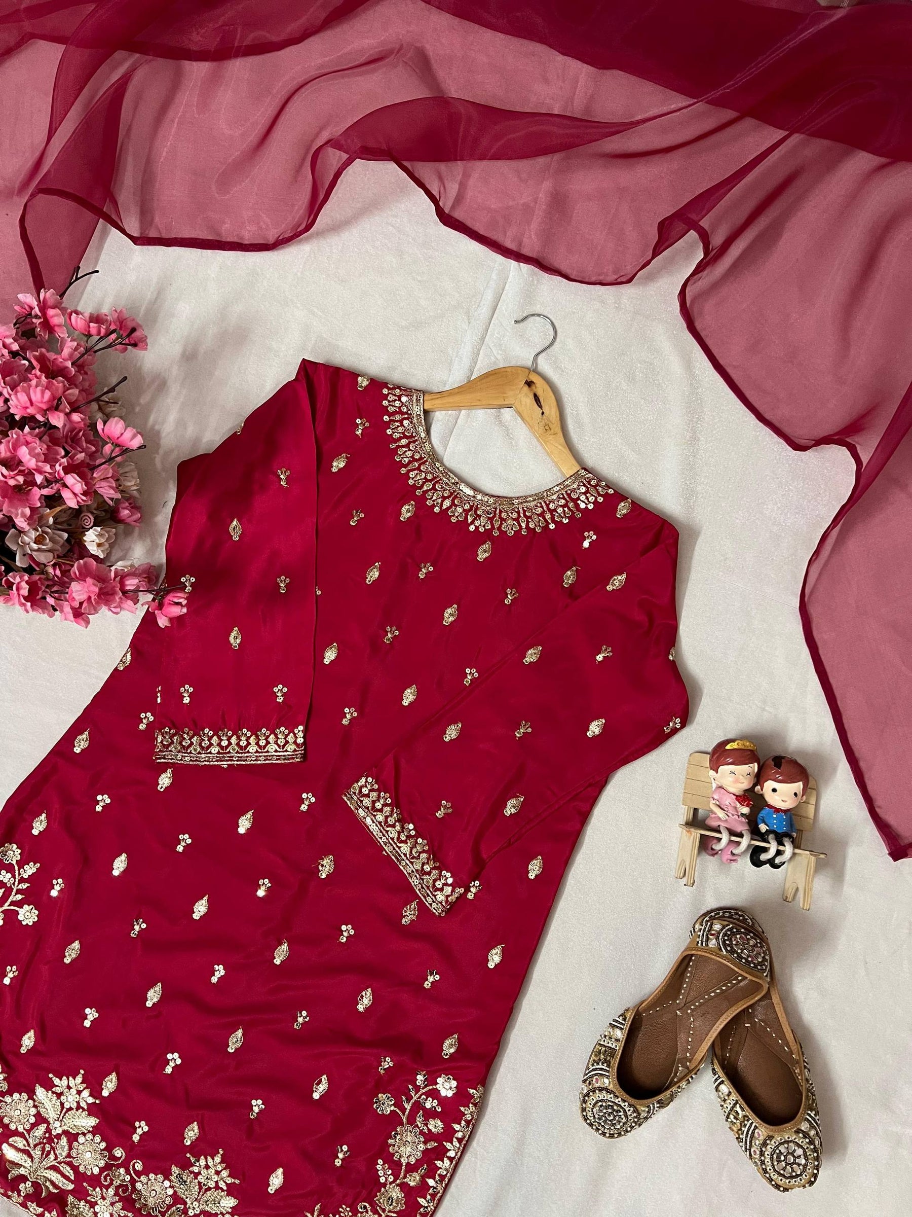 Red Color Embroidery Work Designer Party Wear Palazzo Suit