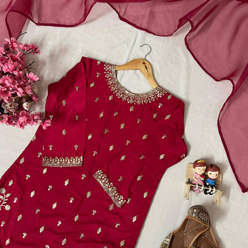 Red Color Embroidery Work Designer Party Wear Palazzo Suit