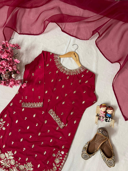 Red Color Embroidery Work Designer Party Wear Palazzo Suit