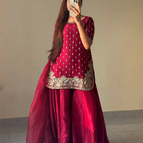 Red Color Embroidery Work Designer Party Wear Palazzo Suit