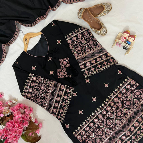Black Color Sequence Embroidery Work Designer Party Wear Palazzo Suit