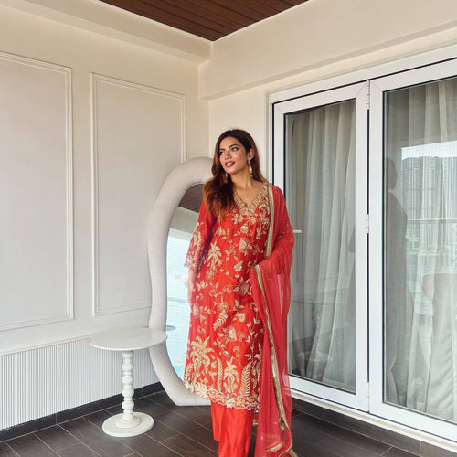 Red Color Sequence Embroidery Work Designer Party Wear Salwar Suit