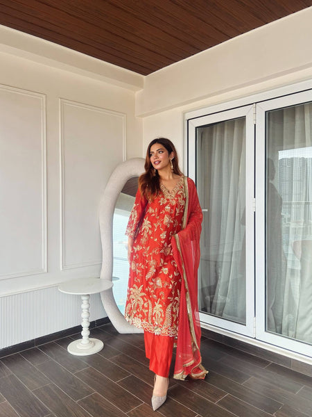 Red Color Sequence Embroidery Work Designer Party Wear Salwar Suit