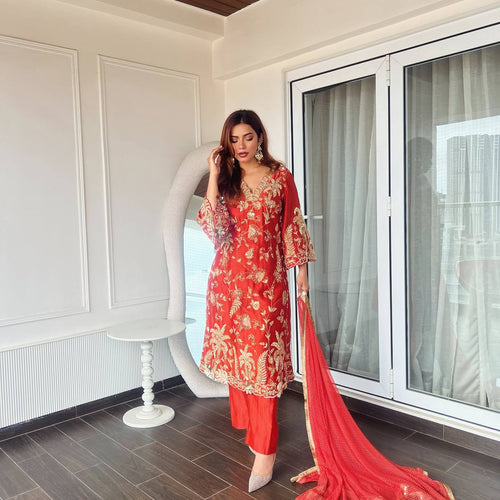 Red Color Sequence Embroidery Work Designer Party Wear Salwar Suit