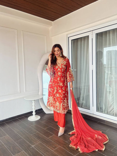 Red Color Sequence Embroidery Work Designer Party Wear Salwar Suit