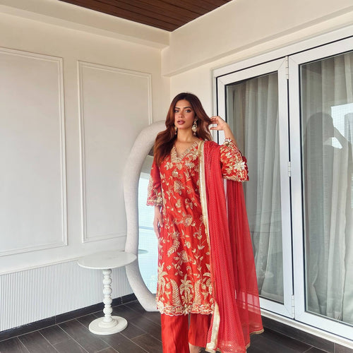 Red Color Sequence Embroidery Work Designer Party Wear Salwar Suit