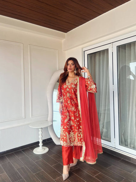 Red Color Sequence Embroidery Work Designer Party Wear Salwar Suit