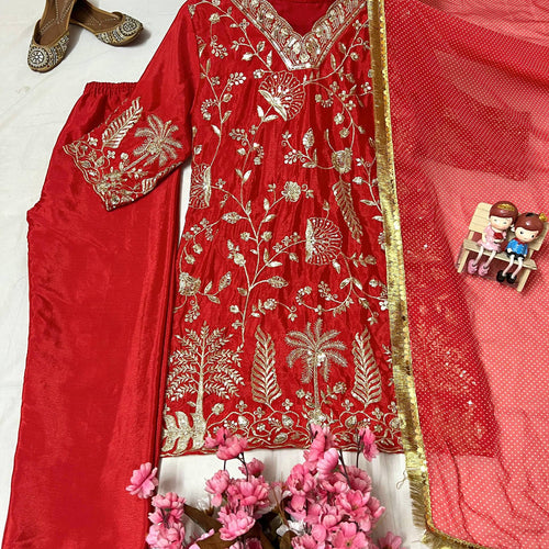 Red Color Sequence Embroidery Work Designer Party Wear Salwar Suit