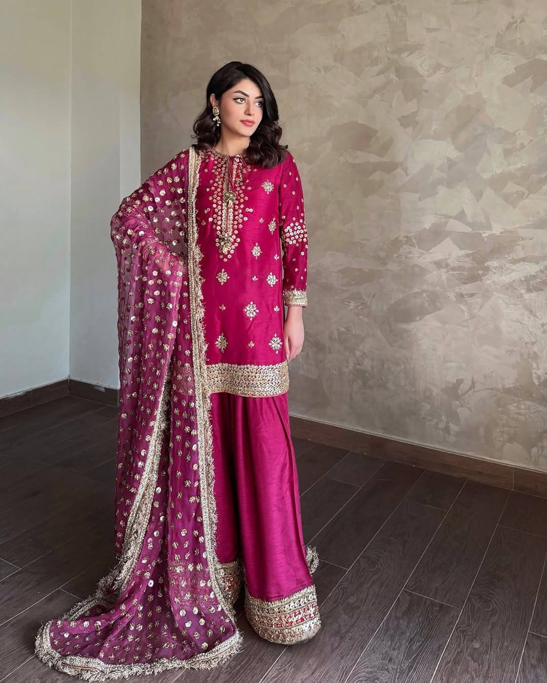 Pink Color Sequence Embroidery Work Designer Palazzo Suit
