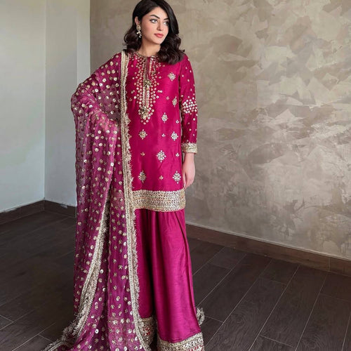 Pink Color Sequence Embroidery Work Designer Palazzo Suit