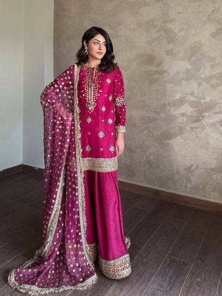 Pink Color Sequence Embroidery Work Designer Palazzo Suit