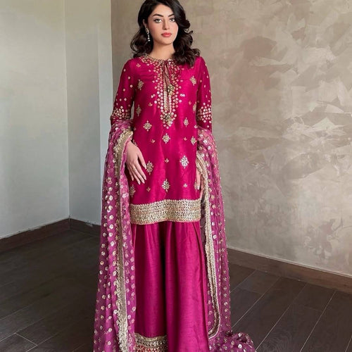 Pink Color Sequence Embroidery Work Designer Palazzo Suit