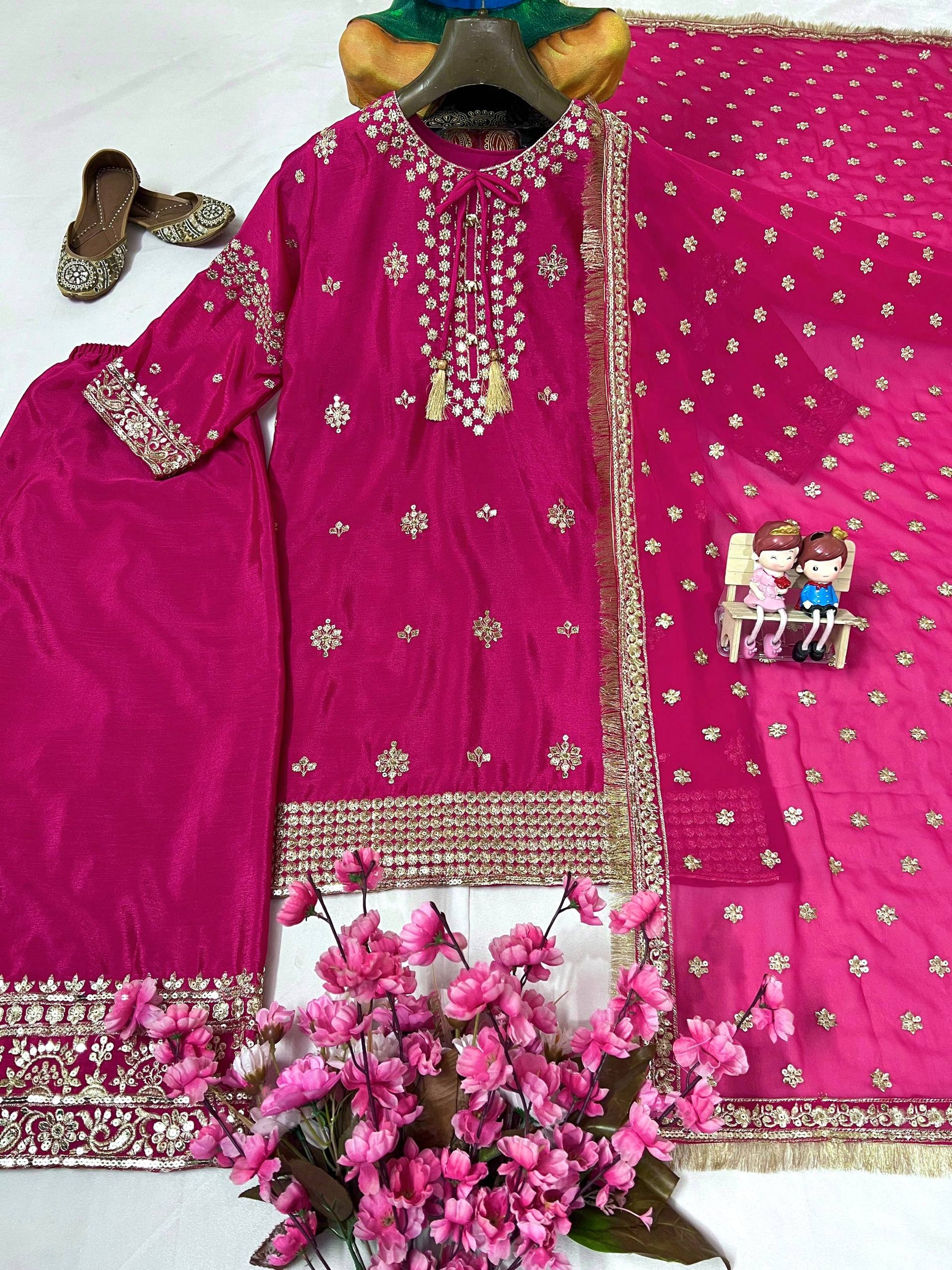 Pink Color Sequence Embroidery Work Designer Palazzo Suit