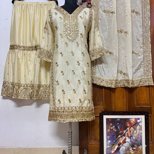 Cream Color Heavy Sequence Embroidery Work Designer Party Wear Palazzo Suit