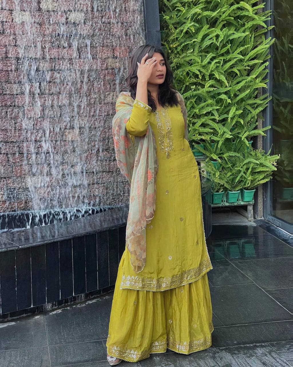 Parrot Green Color Sequence Embroidery Work Designer Sharara Suit