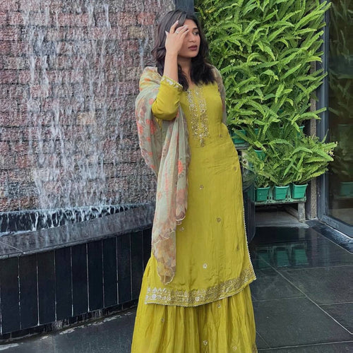 Parrot Green Color Sequence Embroidery Work Designer Sharara Suit