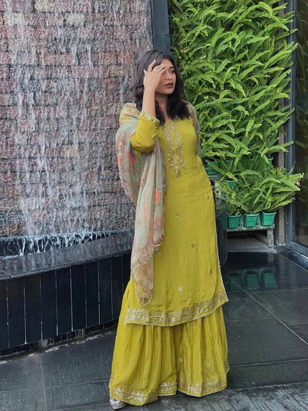 Parrot Green Color Sequence Embroidery Work Designer Sharara Suit