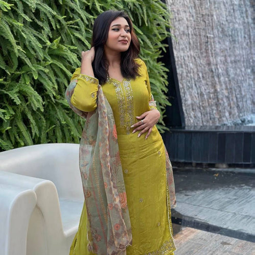 Parrot Green Color Sequence Embroidery Work Designer Sharara Suit