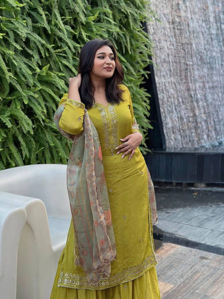 Parrot Green Color Sequence Embroidery Work Designer Sharara Suit