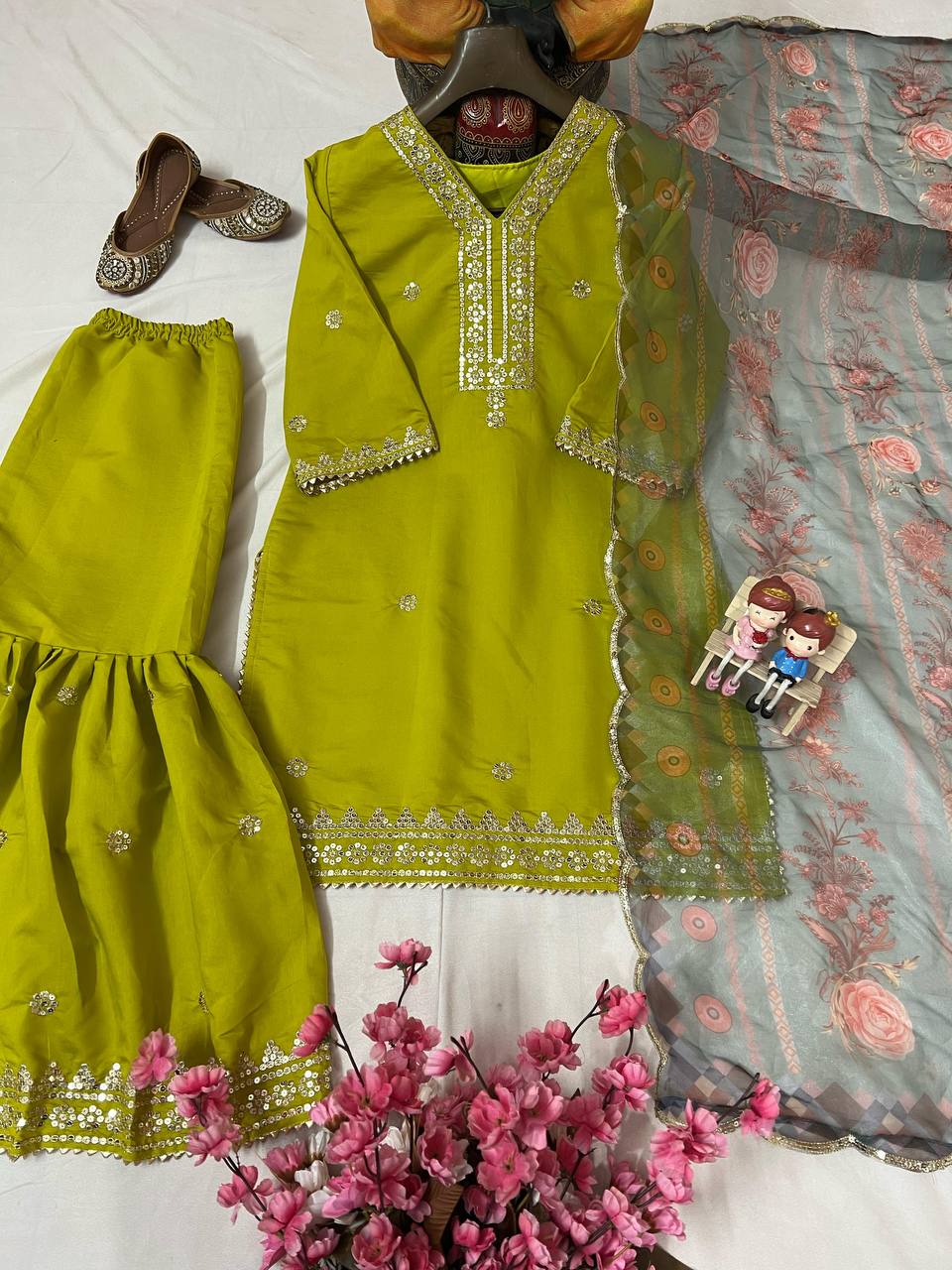 Parrot Green Color Sequence Embroidery Work Designer Sharara Suit