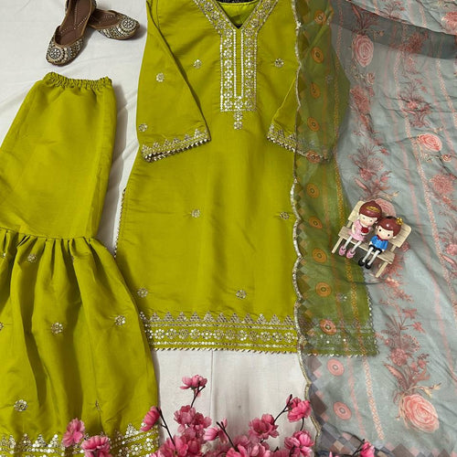 Parrot Green Color Sequence Embroidery Work Designer Sharara Suit