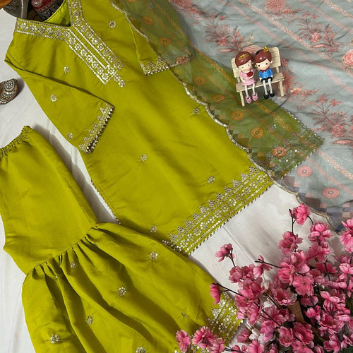 Parrot Green Color Sequence Embroidery Work Designer Sharara Suit