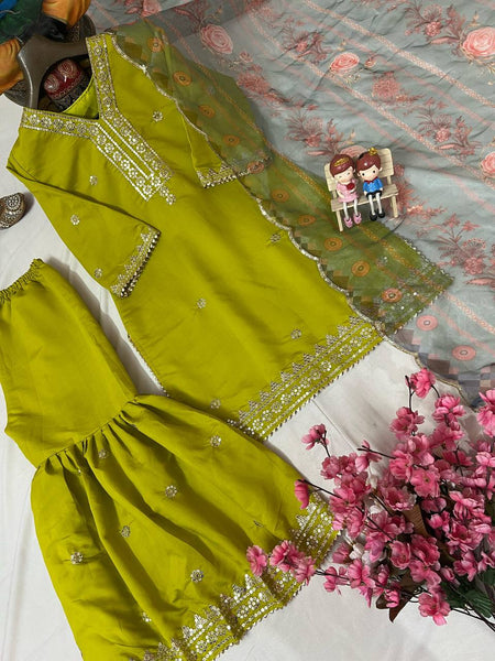 Parrot Green Color Sequence Embroidery Work Designer Sharara Suit