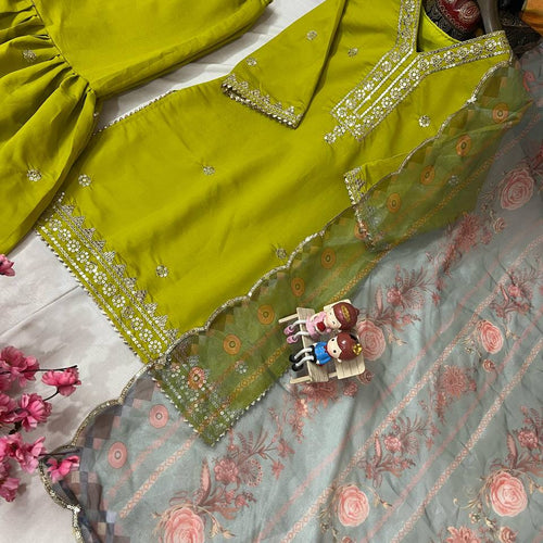 Parrot Green Color Sequence Embroidery Work Designer Sharara Suit