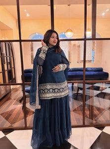 Navy Blue Color Sequence Embroidery Work Designer Party Wear Palazzo Suit